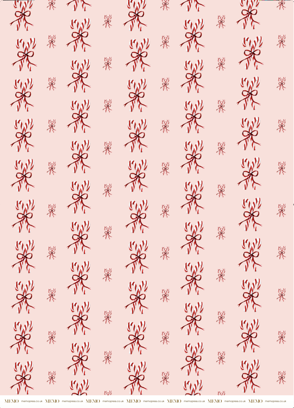 Luxury Christmas Wrapping Paper with watercolour illustrations of Candy Canes tied in a bow on shell pink paper by Memo Press