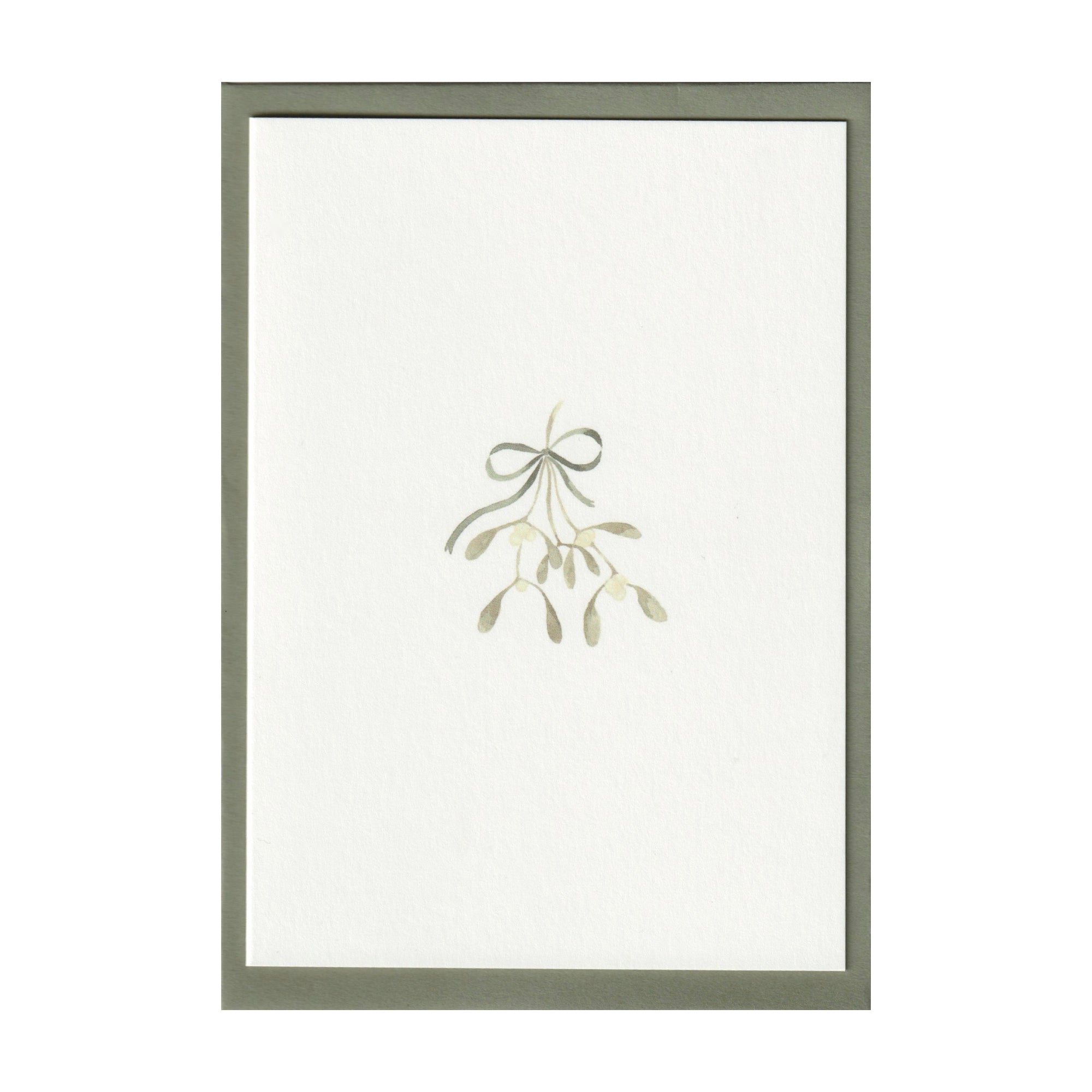 Luxury Christmas Card by Memo Press with a watercolour illustration of mistletoe tied with a ribbon tied with a bow and comes with a green envelope made in Britain